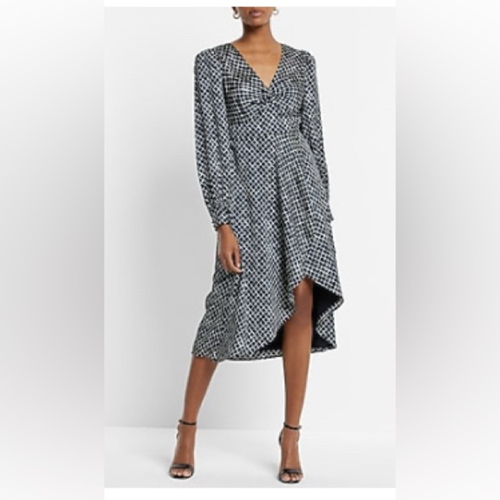 EXPRESS Satin Printed Long Sleeve Twist front Midi Dress XS